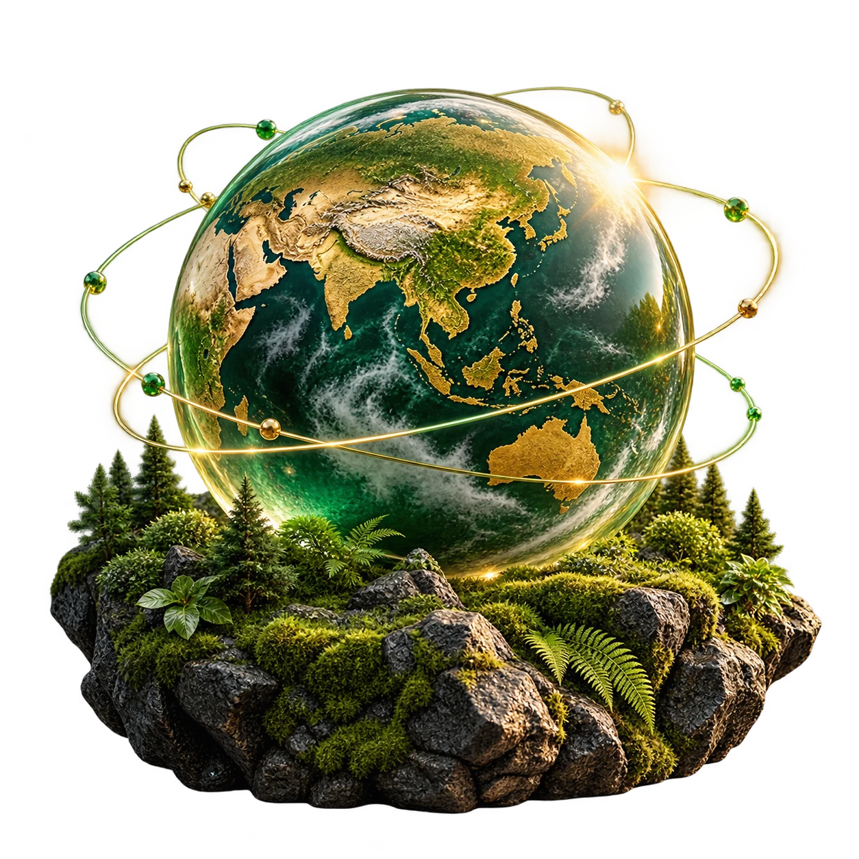Golden globe enclosed in glass on an emerald mountain outcrop